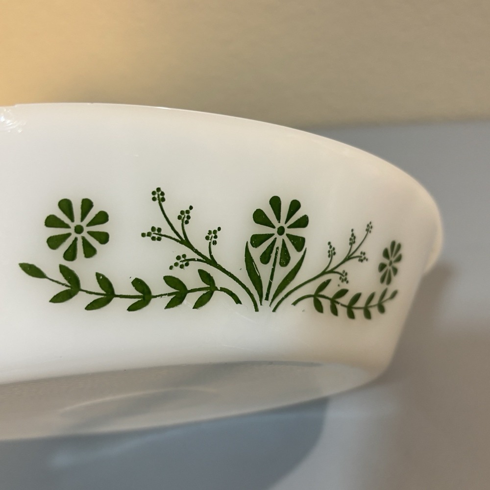Glasbake Green‎ White Daisy Flower Oval Casserole Dish Circa 1960s 1 quart READ